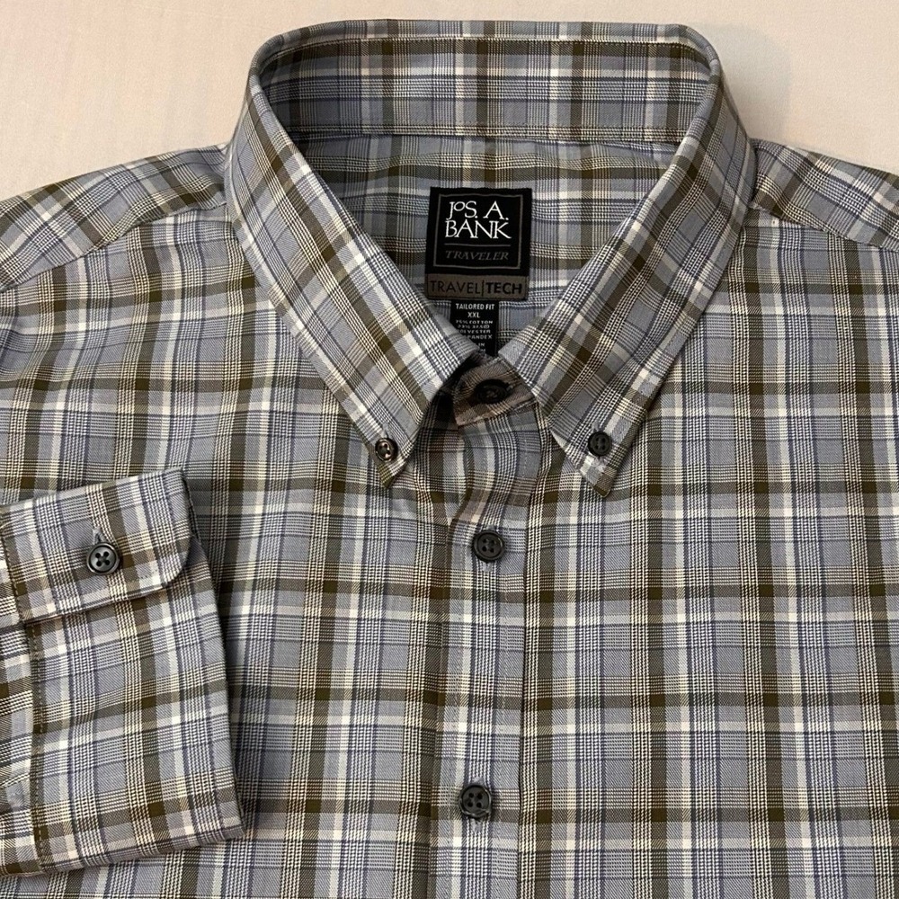 Jos. A. Bank Traveler Button Down Shirt Mens XXL Blue Plaid Long Sleeve NWT